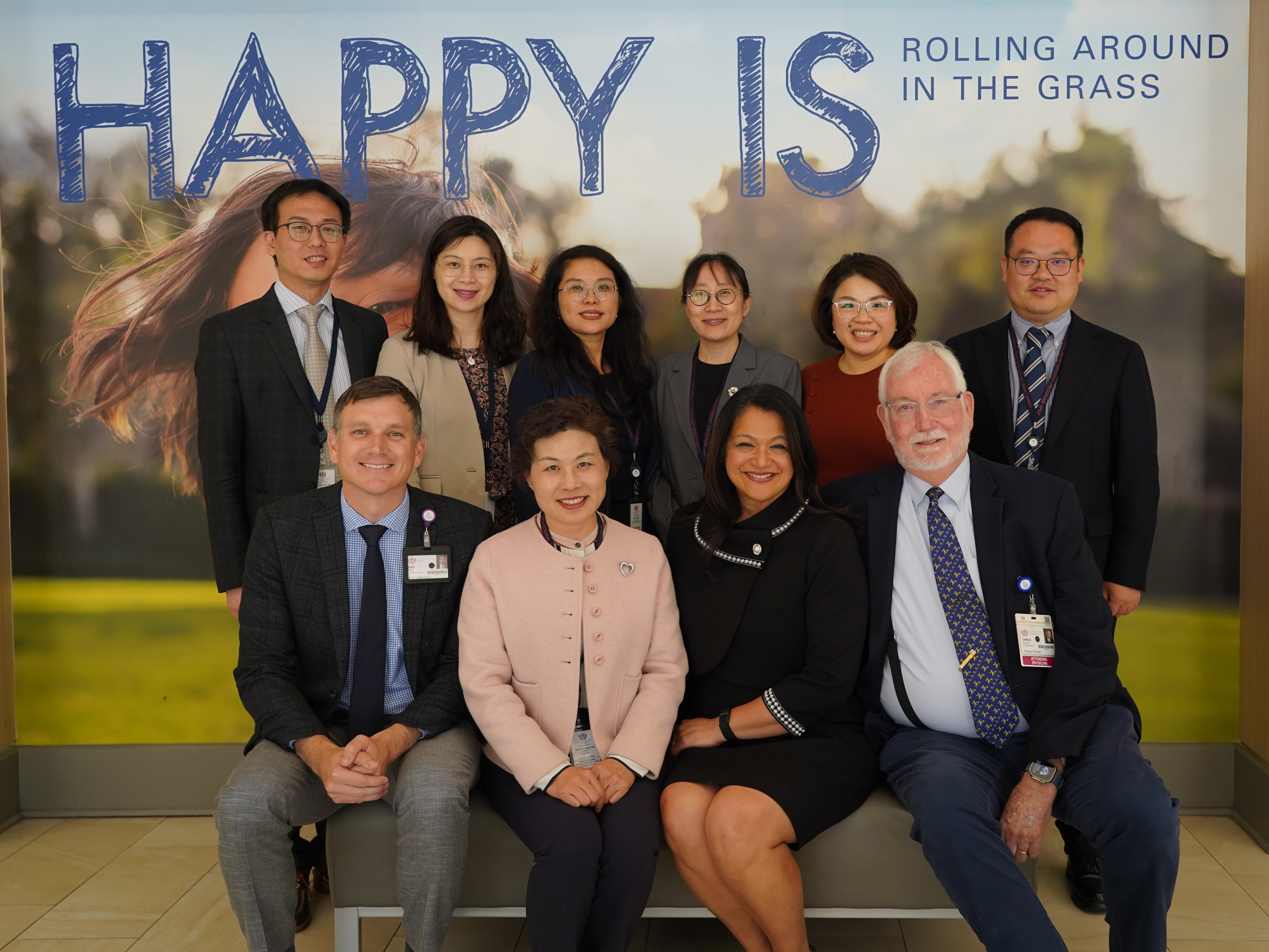 ZCH Chairman Zhang Weifang (Annie), PhD, with delegation members Tang Xin, MD; Wu Wei, MD; Yue Xiaojie, MD; Fu Cangcang, MS, RN; Zheng Qi, MD; and Song Chao, MD, pictured with Loma Linda University Health leaders Peter Baker, JD, MBA; Richard Chinnock, MD, MS, CPE, FACHE; and Sherry Nolfe, DNP, RN.
