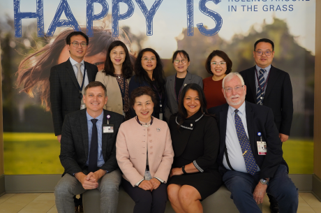 ZCH Chairman Zhang Weifang (Annie), PhD, with delegation members Tang Xin, MD; Wu Wei, MD; Yue Xiaojie, MD; Fu Cangcang, MS, RN; Zheng Qi, MD; and Song Chao, MD, pictured with Loma Linda University Health leaders Peter Baker, JD, MBA; Richard Chinnock, MD, MS, CPE, FACHE; and Sherry Nolfe, DNP, RN.