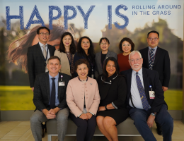 ZCH Chairman Zhang Weifang (Annie), PhD, with delegation members Tang Xin, MD; Wu Wei, MD; Yue Xiaojie, MD; Fu Cangcang, MS, RN; Zheng Qi, MD; and Song Chao, MD, pictured with Loma Linda University Health leaders Peter Baker, JD, MBA; Richard Chinnock, MD, MS, CPE, FACHE; and Sherry Nolfe, DNP, RN.